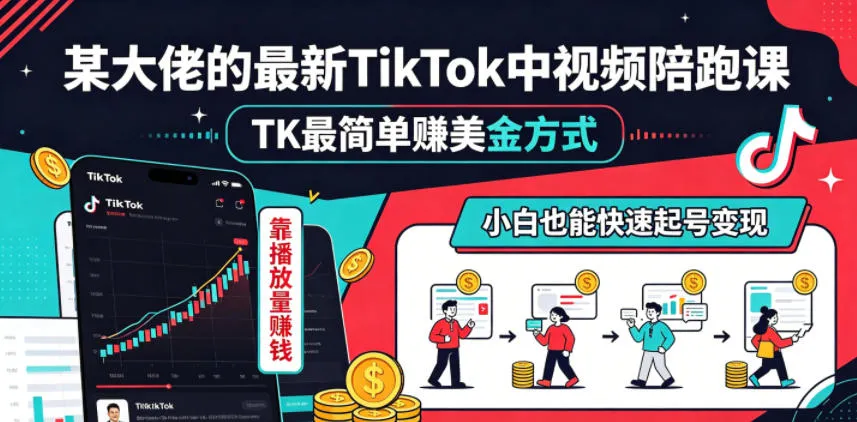 某大佬的最新TikTok中视频陪跑课,TK最简单賺美金方式,靠播放量賺钱,小白也能快速起号变现-来缘阁