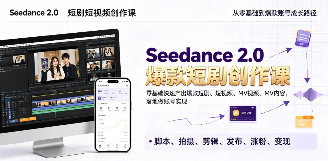 Seedance 2.0短剧短视频创作课，零基础快速产出爆款短剧、短视频、MV内容，落地做账号实现变现-来缘阁