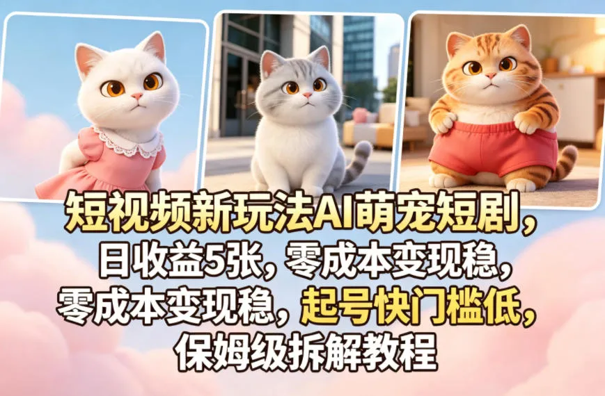 短视频新玩法AI萌宠短剧，日收益5张，零成本变现稳，起号快门槛低，保姆级拆解教程-来缘阁