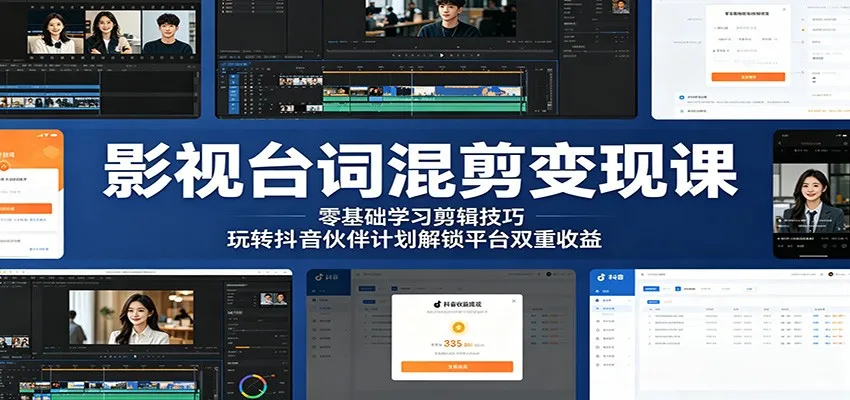 影视台词混剪变现课：零基础学习剪辑技巧，玩转抖音伙伴计划解锁平台双重收益-来缘阁