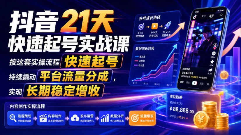 抖音21天快速起号实战课,按这套实操流程快速起号,持续撬动平台流量分成,实现长期稳定增收-来缘阁