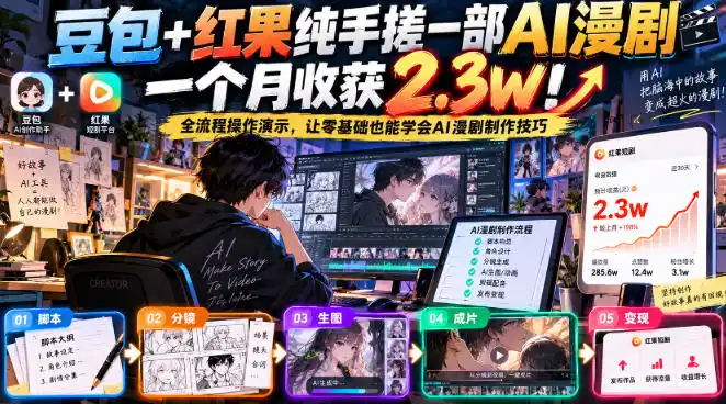 豆包+红果纯手搓一部AI漫剧一个月收获2.3w！全流程操作演示，让零基础也能学会AI漫剧制作技巧-来缘阁