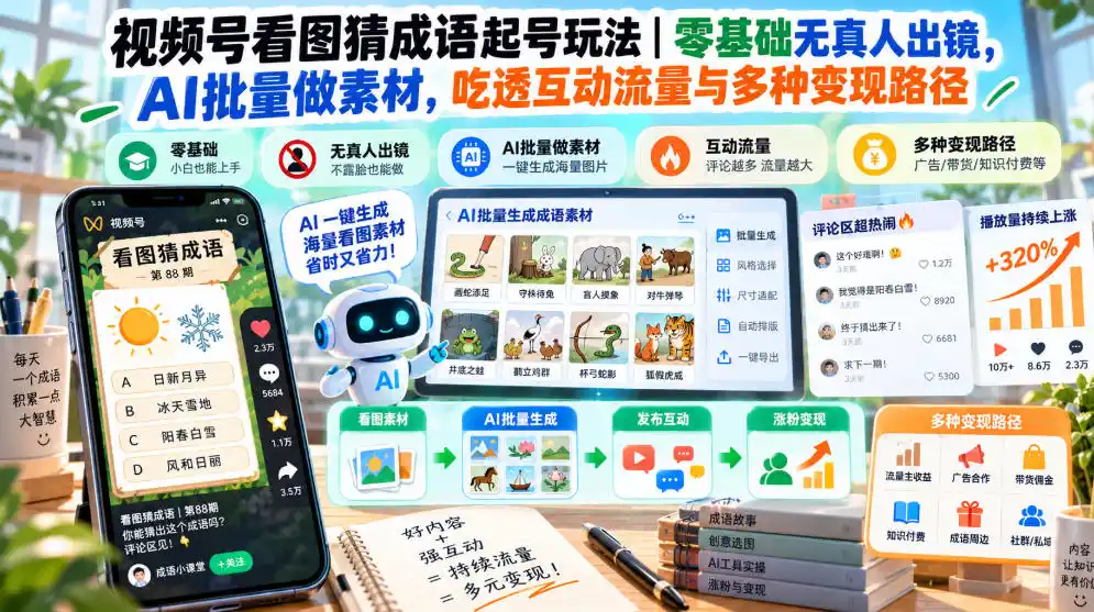 视频号看图猜成语起号玩法|零基础无真人出镜,AI批量做素材,吃透互动流量与多种变现路径-来缘阁