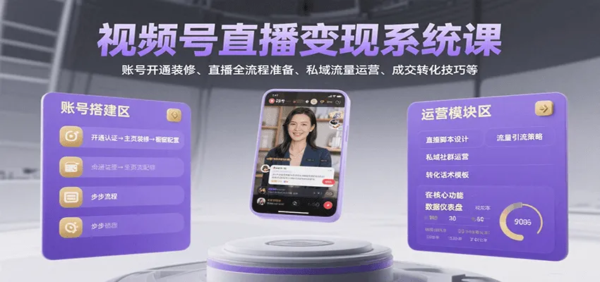 视频号直播变现系统课,账号开通装修、直播全流程准备、私域流量运营、成交转化技巧等-来缘阁