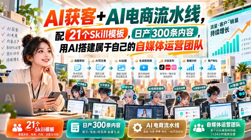 AI获客+AI电商流水线,配21个Skill模板,日产300条内容,用AI搭建属于自己的自媒体运营团队-来缘阁