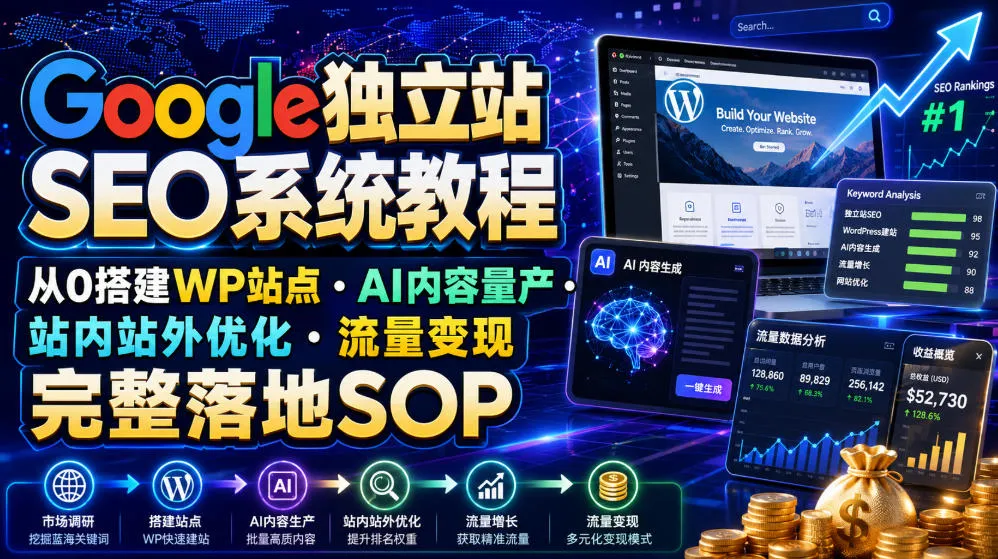 Google独立站SEO系统教程,从0搭建WP站点・AI内容量产・站内站外优化・流量变现完整落地SOP(2026年7月)-来缘阁