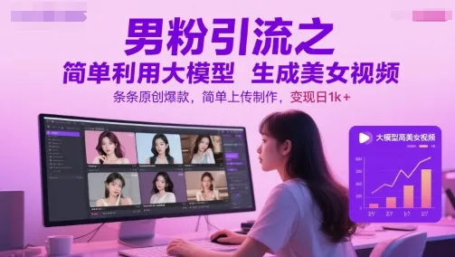 男粉引流之简单利用大模型生成美女视频，条条原创爆款，简单上传制作，变现日1k+-来缘阁