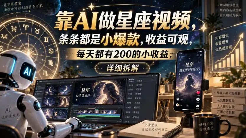 靠AI做星座视频，条条都是小爆款，收益可观，每天都有200的小收益，详细拆解-来缘阁