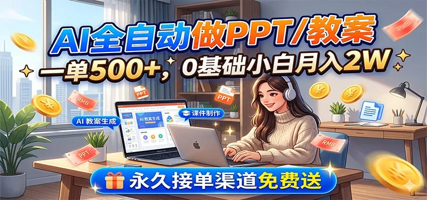 AI全自动做PPT/教案，一单500+，0基础小白月入2W，永久接单渠道免费送-来缘阁
