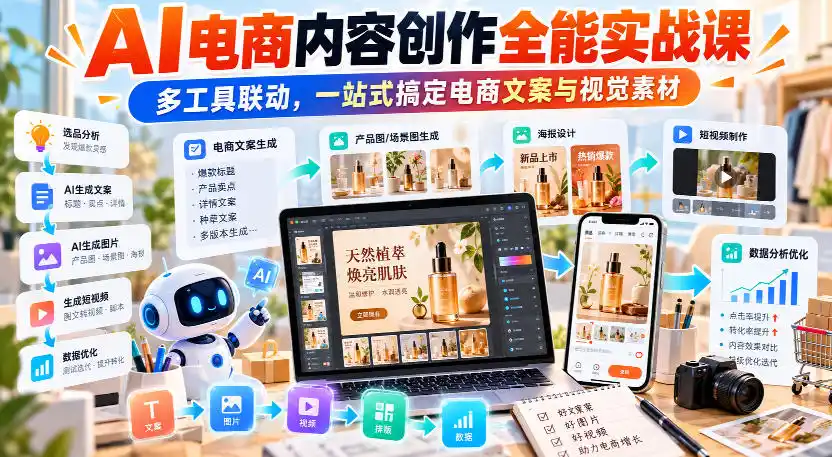 【无水印】AI电商内容创作全能实战课｜多工具联动，一站式搞定电商文案与视觉素材-来缘阁