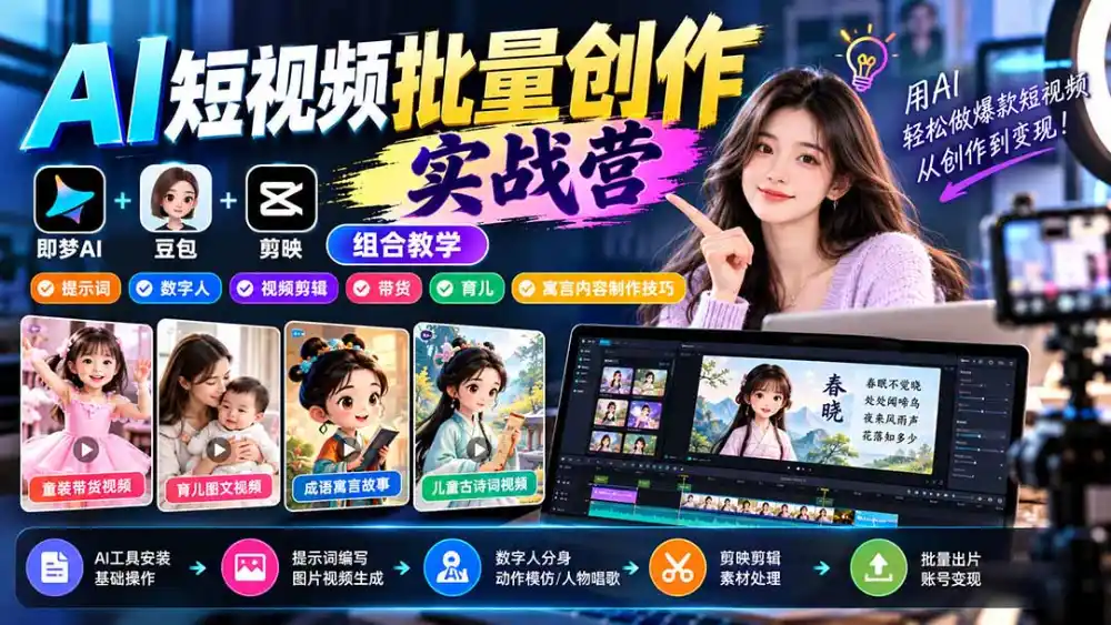 【无水印】AI短视频批量创作实战营:即梦+豆包+剪映组合教学,提示词/数字人/视频剪辑/带货/育儿/寓言内容制作技巧-来缘阁