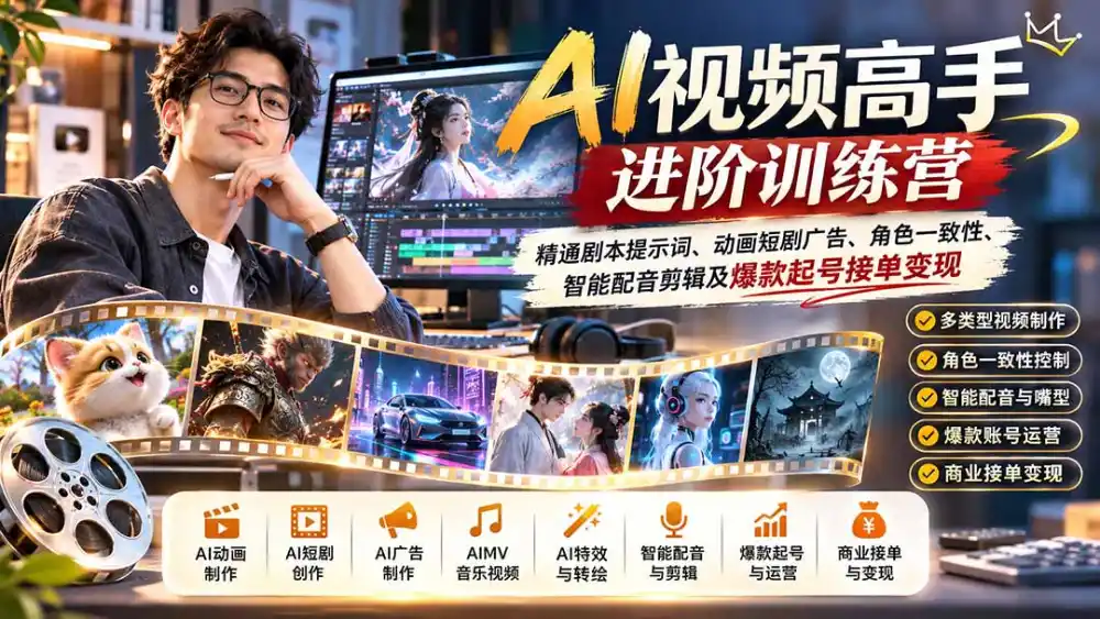 AI视频高手进阶训练营：精通剧本提示词、动画短剧广告、角色一致性、智能配音剪辑及爆款起号接单变现-来缘阁
