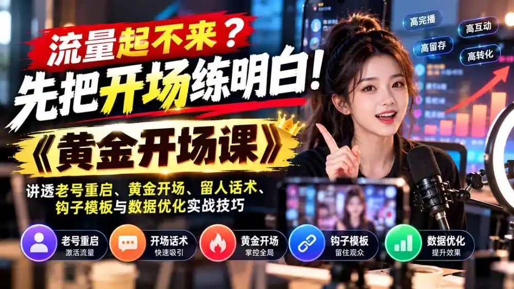 流量起不来?先把开场练明白!《黄金开场课》讲透老号重启、黄金开场、留人话术、钩子模板与数据优化实战技巧-来缘阁
