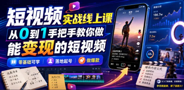 短视频实战线上课，从0到1手把手教你做能变现的短视频，零基础可学，落地起号做爆款-来缘阁