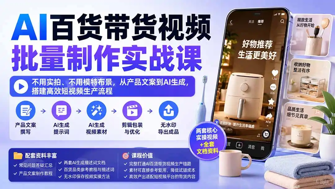 AI百货带货视频批量制作实战课:不用实拍、不用模特布景,从产品文案到AI生成,搭建高效短视频生产流程-来缘阁