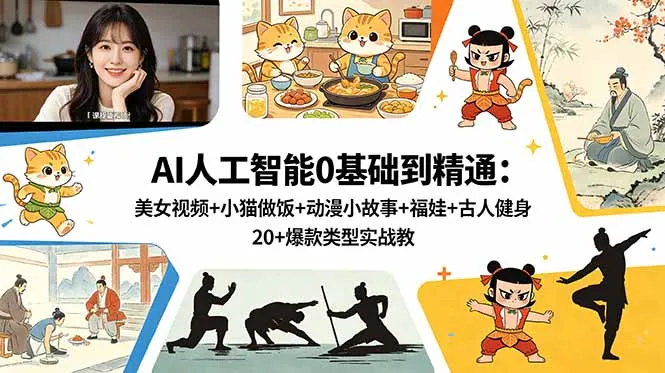 AI人工智能0基础到精通:美女视频+小猫做饭+动漫小故事+福娃+古人健身,20+爆款类型实战教学-来缘阁