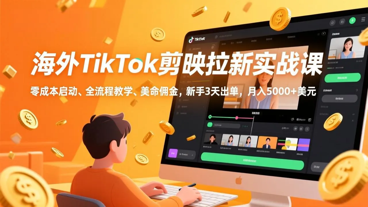 海外TikTok剪映拉新实战课，零成本启动、全流程教学、美金佣金，新手3天出单，月入5000+美元-来缘阁