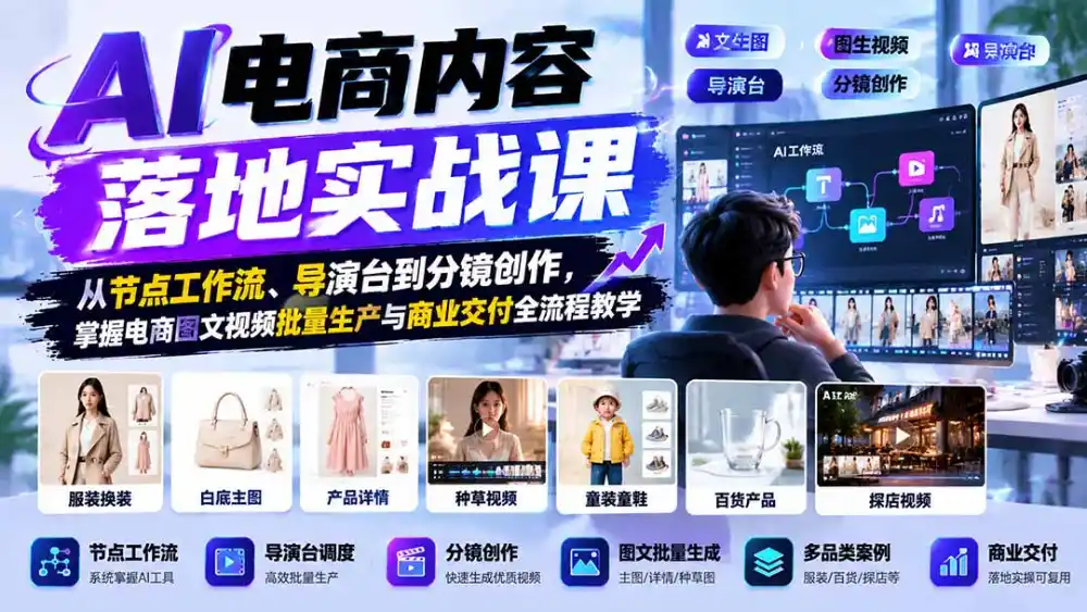 AI电商内容落地实战课:从节点工作流、导演台到分镜创作,掌握电商图文视频批量生产与商业交付全流程教学-来缘阁