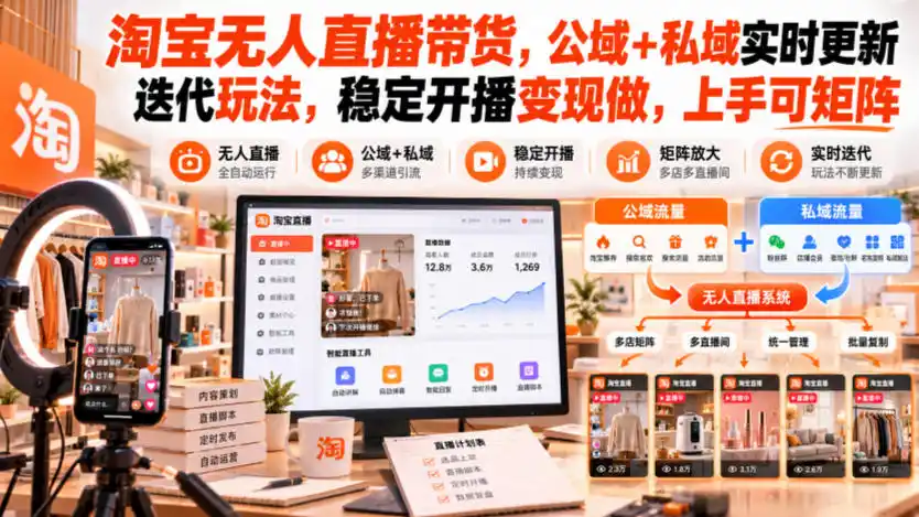 淘宝无人直播带货,公域+私域实时更新迭代玩法,稳定开播变现做,上手可矩阵【揭秘】-来缘阁