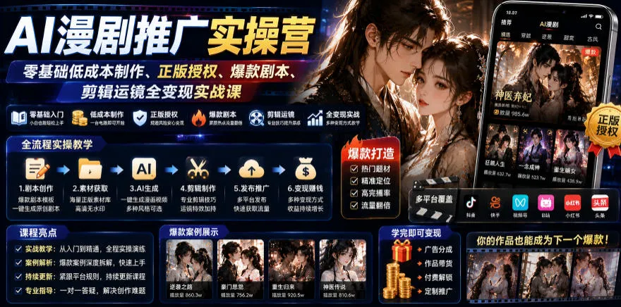 AI漫剧推广实操营|零基础低成本制作、正版授权、爆款剧本、剪辑运镜全变现实战课-来缘阁