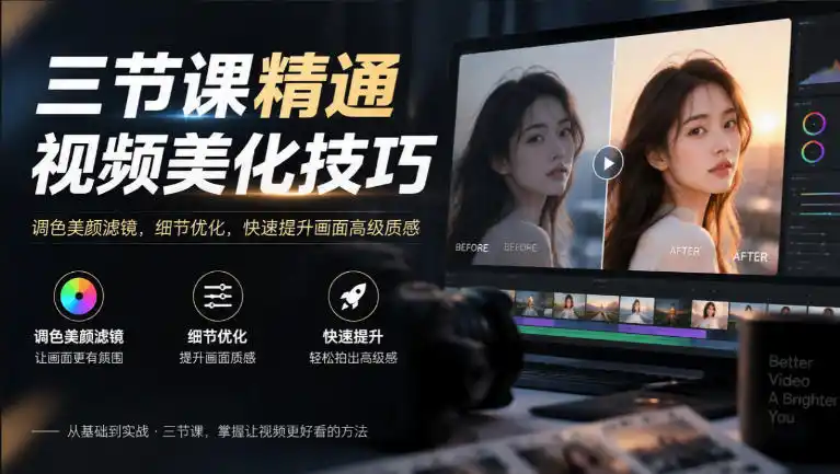 三节课精通视频美化技巧|调色美颜滤镜,细节优化,快速提升画面高级质感-来缘阁