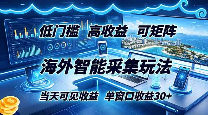 海外智能采集玩法，低门槛高单价可矩阵，当天可见收益，单窗口30+-来缘阁