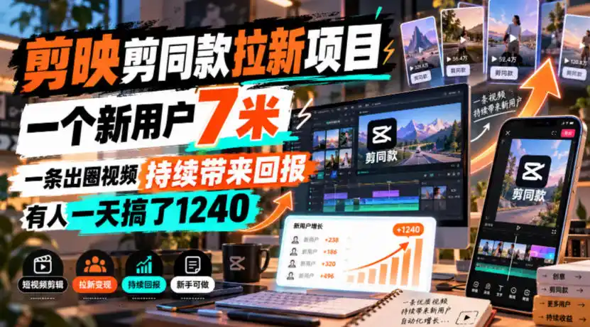 剪映剪同款拉新项目,一个新用户7米,一条出圈视频持续带来回报,有人一天搞了1240-来缘阁