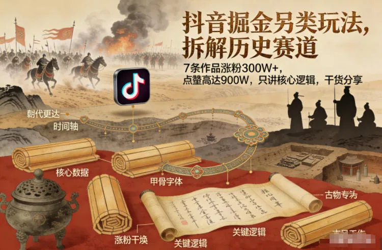 抖音掘金另类玩法，拆解历史赛道，7条作品涨粉300W+，点赞量高达900W，只讲核心逻辑，干货分享-来缘阁