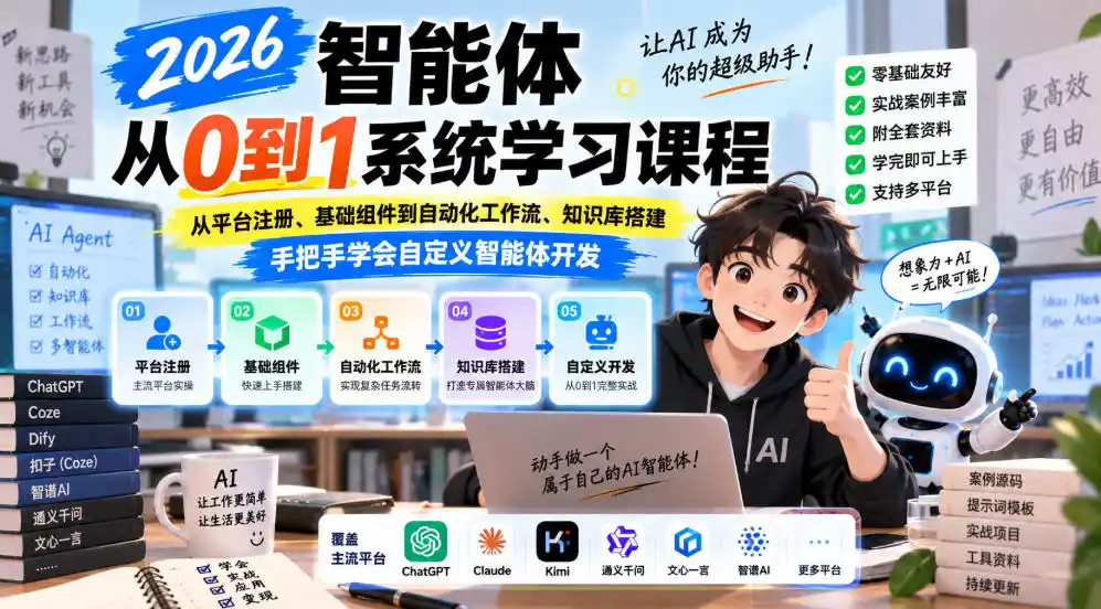2026智能体从0到1系统学习课程，从平台注册、基础组件到自动化工作流、知识库搭建，手把手学会自定义智能体开发-来缘阁