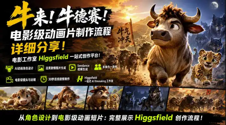 牛来！牛德赛！电影级动画片制作流程详细分享！电影工作室Higgsfield一站式创作平台，完整创作流程-来缘阁