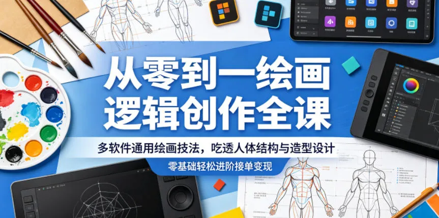 从零到一绘画逻辑创作全课，多软件通用绘画技法，吃透人体结构与造型设计，零基础轻松进阶接单变现-来缘阁