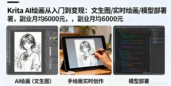 Krita AI绘画从入门到变现：文生图/实时绘画/模型部署，副业月均6000元-来缘阁