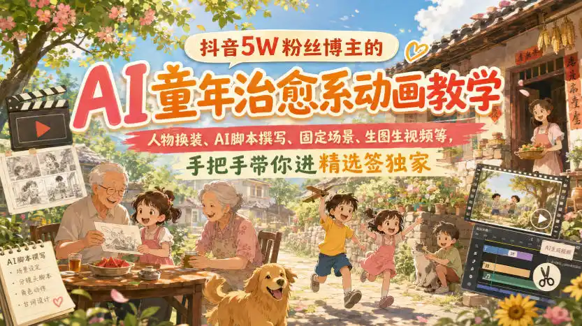 抖音5W粉丝博主的AI童年治愈系动画教学，人物换装、AI脚本撰写、固定场景、生图生视频等，手把手带你进精选签独家-来缘阁