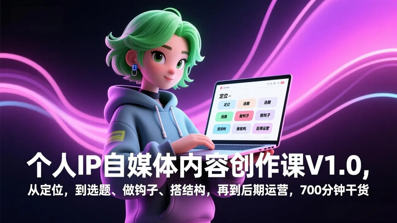 个人IP自媒体内容创作课V1.0,从定位,到选题、做钩子、搭结构,再到后期运营,700分钟干货-来缘阁