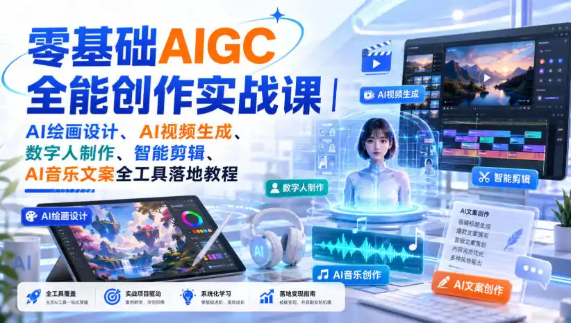 零基础AIGC全能创作实战课|AI绘画设计、AI视频生成、数字人制作、智能剪辑、AI音乐文案全工具落地教程-来缘阁