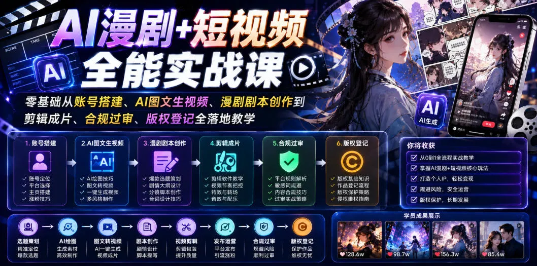 AI漫剧+短视频全能实战课｜零基础从账号搭建、AI图文生视频、漫剧剧本创作到剪辑成片、合规过审、版权登记全落地教学-来缘阁