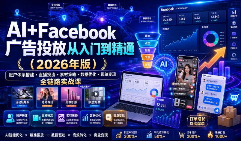 AI+Facebook广告投放从入门到精通(2026年版)|账户体系搭建・直播投流・素材策略・数据优化・聊单变现全链路实战课-来缘阁