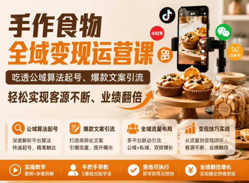 手作食物全域变现运营课，吃透公域算法起号、爆款文案引流，轻松实现客源不断、业绩翻倍-来缘阁