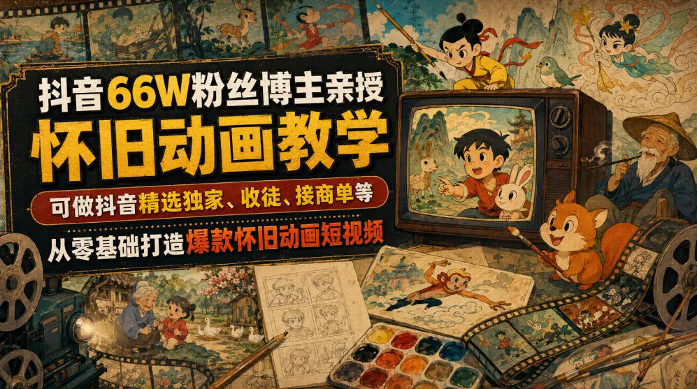 抖音66W粉丝博主亲授怀旧动画教学，可做抖音精选独家、收徒、接商单等，从零基础打造爆款怀旧动画短视频-来缘阁