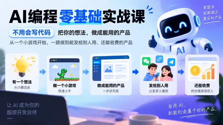 AI编程零基础实战课，不用会写代码，把你的想法，做成能用的产品，从一个小游戏开始，一路做到能发给别人用、还能收费的产品-来缘阁