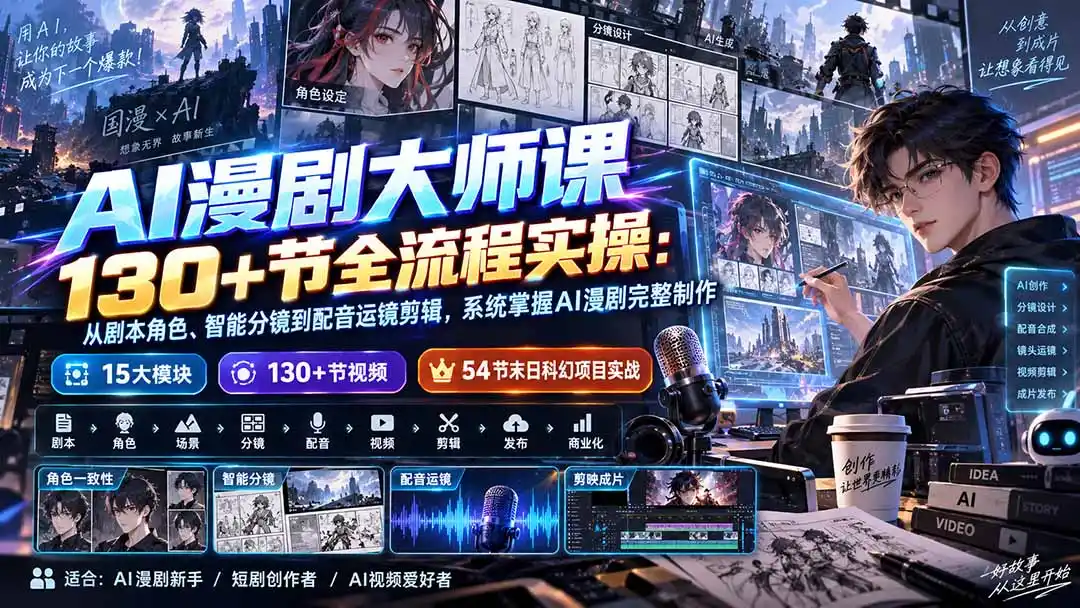 AI漫剧大师课130+节全流程实操:从剧本角色、智能分镜到配音运镜剪辑,系统掌握AI漫剧完整制作-来缘阁