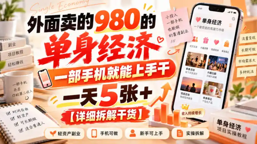 外面卖的980的单身经济,一部手机就能上手干,一天5张+【详细拆解干货】-来缘阁