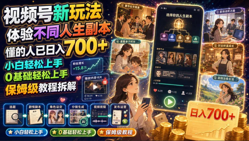 视频号新玩法体验不同人生副本，懂的人已日入700+，小白轻松上手，0基础轻松上手，保姆级教程拆解-来缘阁