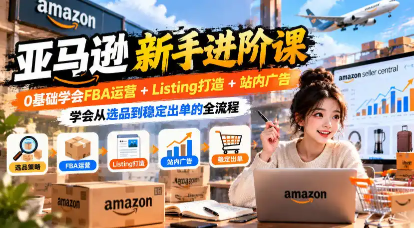 亚马逊新手进阶课，0基础学会FBA运营+Listing打造+站内广告，学会从选品到稳定出单的全流程-来缘阁