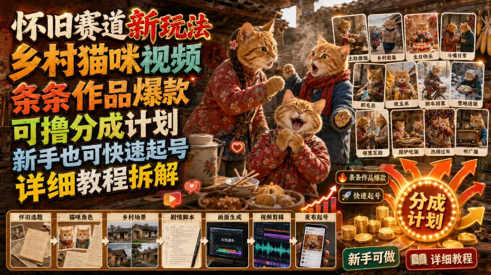怀旧赛道新玩法,乡村猫咪视频,条条作品爆款,可撸分成计划,新手也可快速起号,详细教程拆解-来缘阁