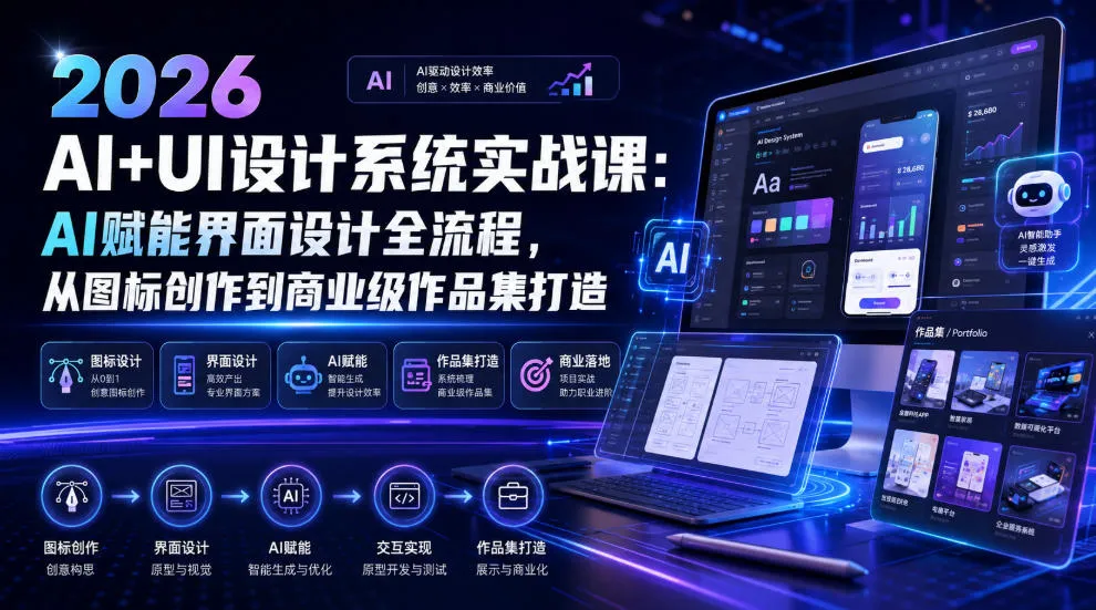 2026 AI+UI设计系统实战课:AI赋能界面设计全流程,从图标创作到商业级作品集打造-来缘阁