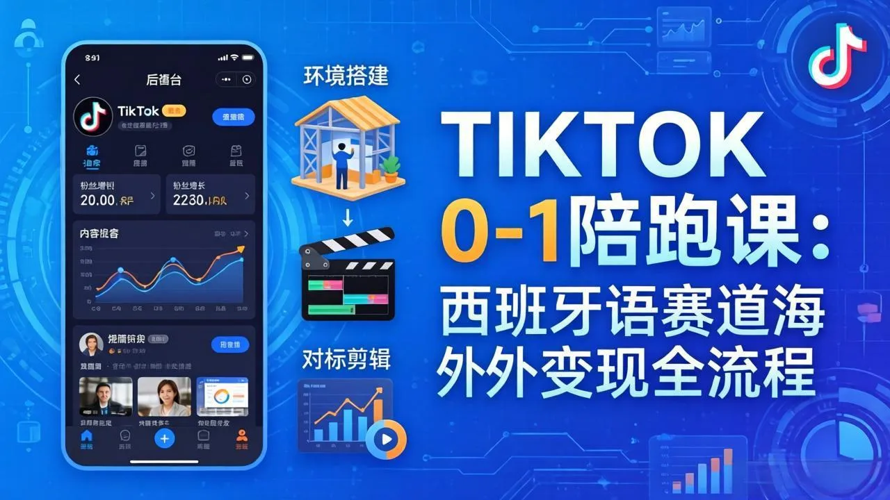 TIKTOK 0-1 陪跑课：从环境搭建到刷对标剪辑，西班牙语赛道海外变现全流程-来缘阁