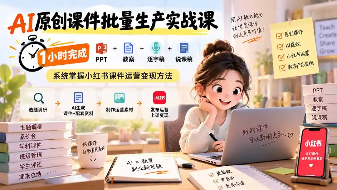 AI原创课件批量生产实战课：1小时完成PPT+教案+逐字稿+说课稿，系统掌握小红书课件运营变现方法-来缘阁