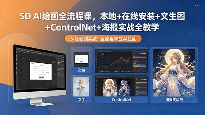 SD AI绘画全流程课，本地+在线安装+文生图+ControlNet+海报实战全教学-来缘阁