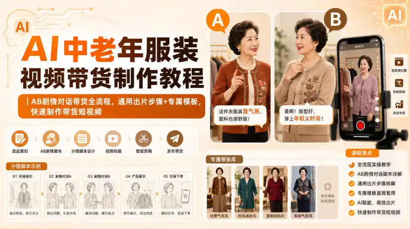 AI中老年服装视频带货制作教程｜AB剧情对话带货全流程，通用出片步骤+专属模板，快速制作带货短视频-来缘阁